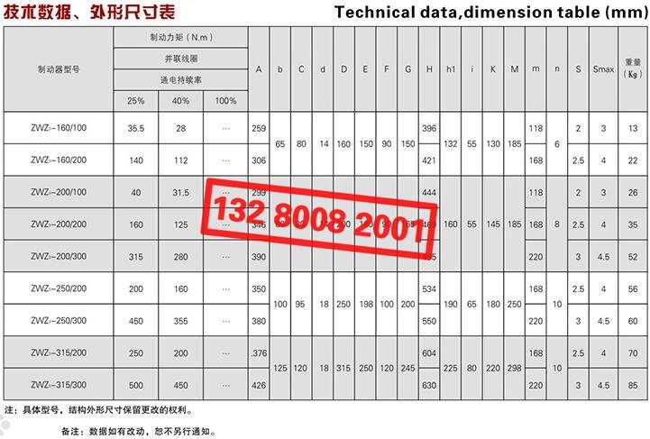 ZWZ3系列直流電磁鼓式制動(dòng)器技術(shù)數(shù)據(jù)、外形尺寸表